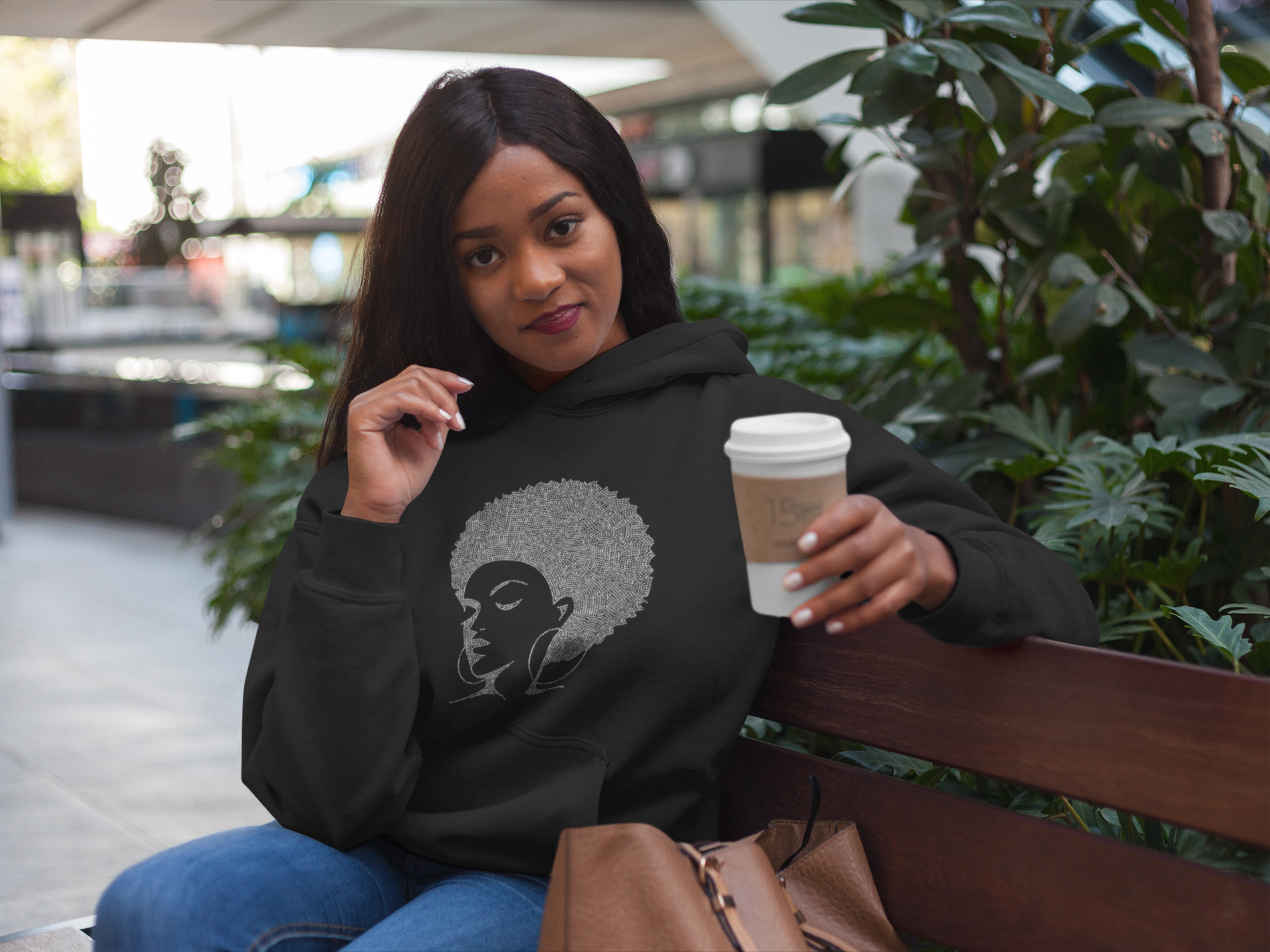 afro lady rhinestone shirt rhinestone hoodie with coffee on bench