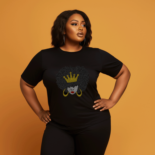 Afro Lady With Crown Rhinestone T-Shirt, Rhinestone Hoodie