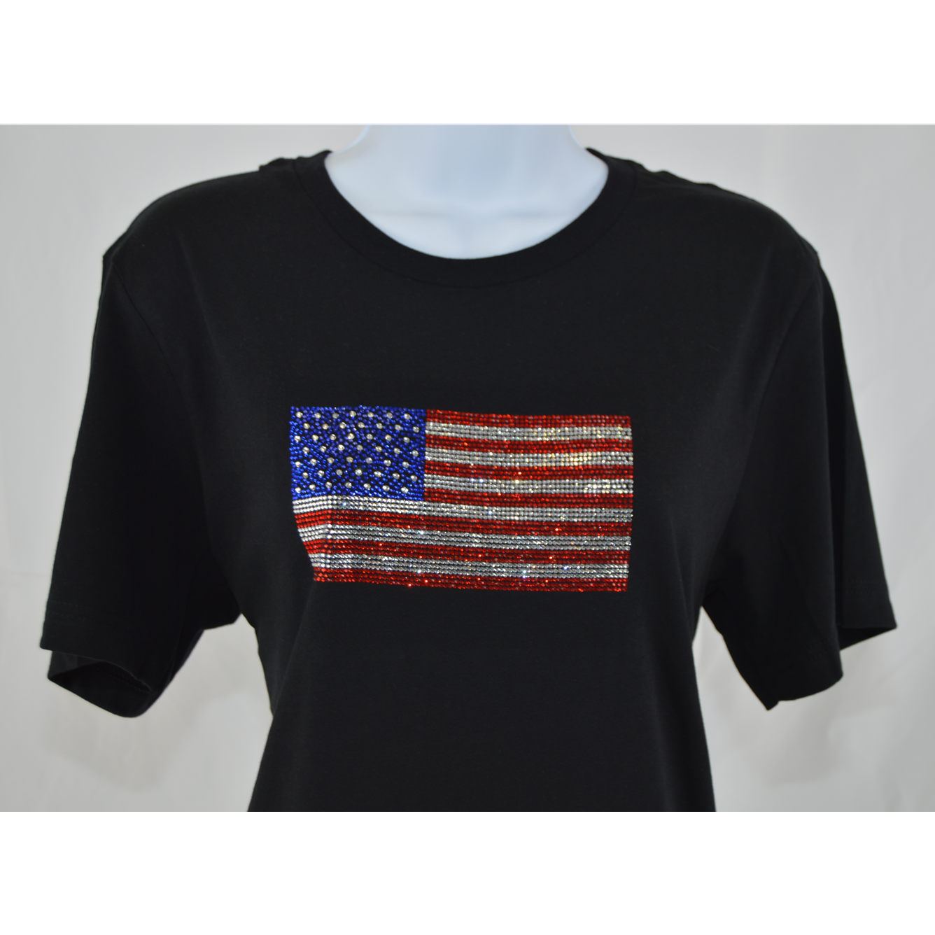 American flag rhinestone shirt hoodie on mannequin close up