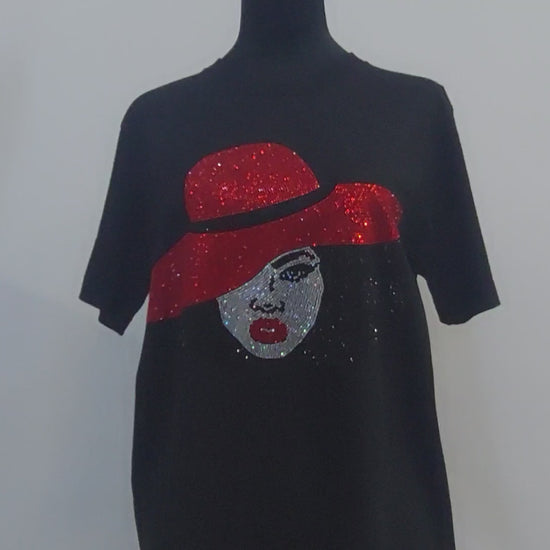 Afro Lady With Hat Rhinestone T-Shirt, Rhinestone Hoodie